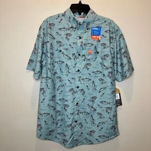 NWT American Outdoorsman Green Fishing Graphic UPF 40 Button Up Mens Size Small
